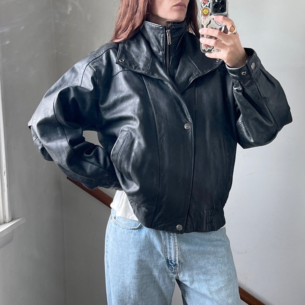 Vintage Wilsons Leather Jacket Black Bomber High Stand Collar Funnel Mock Neck